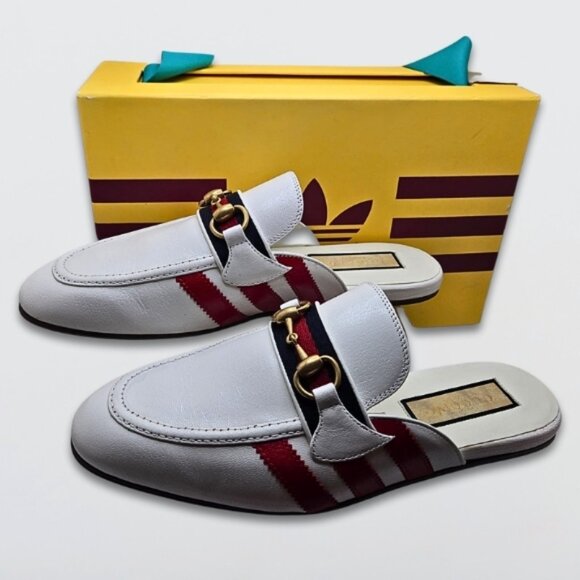 Gucci Shoes - Gucci x Adidas Princetown Slides Leather Gold-Tone Horsebit Striped White/Red 41